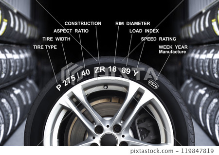 Detailed tire specifications on the sidewall 119847819