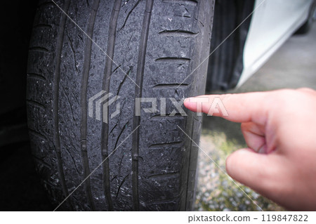A hand pointing to worn out a car tire tread 119847822