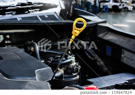 Car engine oil dipstick on car engine 119847824