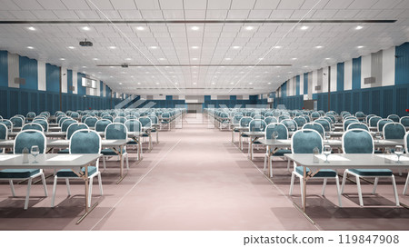 A spacious conference hall with rows of chairs and a podium 119847908