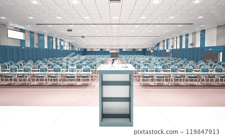 A spacious conference hall with rows of chairs and a podium 119847913