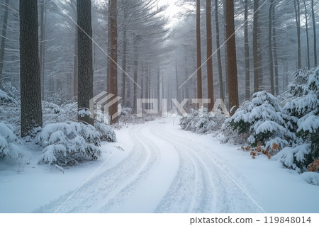A quiet, snowy road winding through a dense forest of tall trees on a misty winter morning A quiet, snowy road winding through a dense forest of tall trees on a misty winter morning 119848014
