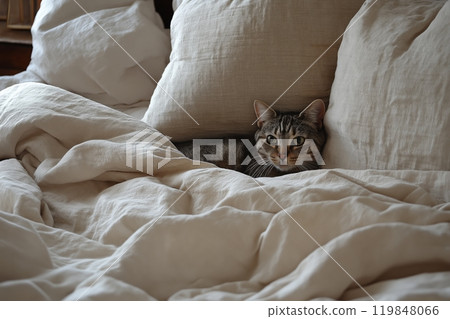 A relaxed cat nestled in soft blankets, peering out with wide eyes, surrounded by cozy pillows 119848066