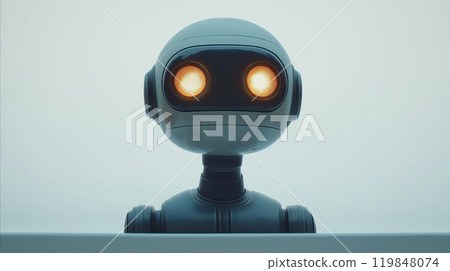 Robot with glowing orange eyes and a minimalistic face, emitting a warm, mysterious expression 119848074