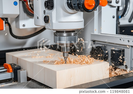 White CNC machine in action, cutting into wood and producing detailed shavings on a smooth surface White CNC machine in action, cutting into wood and producing detailed shavings on a smooth surface 119848081
