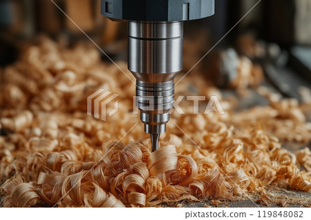 Detailed of CNC drill creating curly wood shavings highlighting the machines intricate craftsmanship Detailed of CNC drill creating curly wood shavings highlighting the machines intricate craftsmanship 119848082