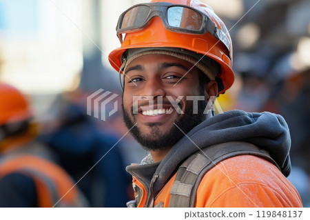 Bearded construction worker in orange hardhat and reflective jacket smiling with city behind 119848137
