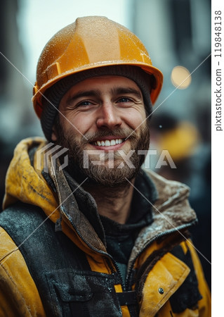 Construction worker in orange jacket and helmet smiles warmly, surrounded by snowy urban landscape 119848138
