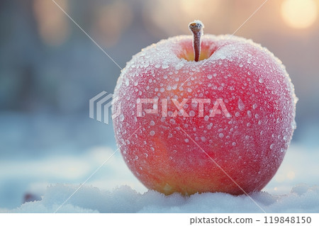 Close up of frosted red apple resting on snow with delicate ice crystals sparkling in morning light 119848150