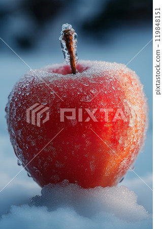 A frosty red apple nestled in the snow, with ice crystals covering its surface on a cold winter day 119848151