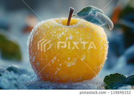 A bright yellow apple dusted with frost with a frozen leaf and subtle morning light in background 119848152