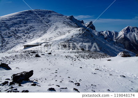 冬天的八嶽山脈，從碘嶽山小屋看到的橫岳岩石山峰 119848174
