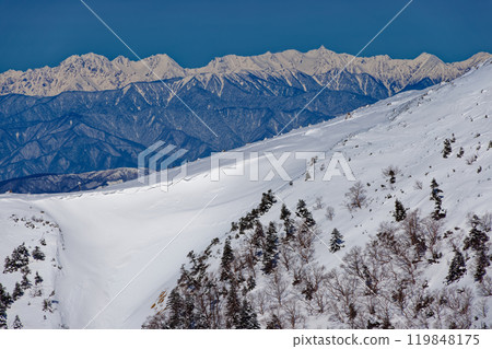 冬季的八嶽山脈、碘嶽山脊線和 Yarihotaka 山脈景觀 冬季的八嶽山脈、碘嶽山脊線和 Yarihotaka 山脈景觀 119848175