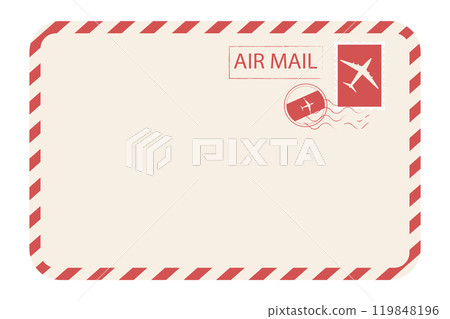Air mail envelope with spriped border, stamp and mark. Retro Vintage postage card. Blank template with stamp. Airmail frame Air mail envelope with spriped border, stamp and mark. Retro Vintage postage card. Blank template with stamp. Airmail frame 119848196