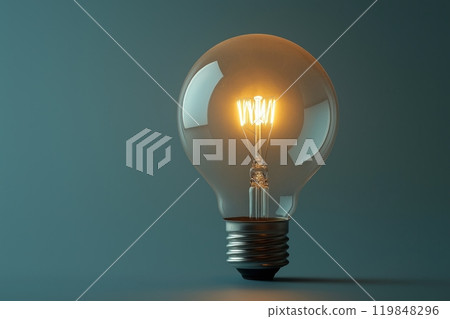 Close up of a vintage style bulb with glowing filament in a clear glass, set against a dark background 119848296