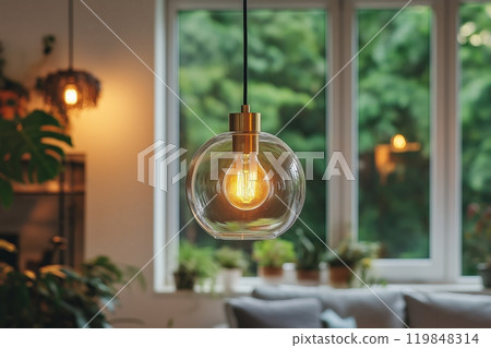 Round glass pendant light with warm glow hanging in a cozy, plant-adorned room with natural light 119848314