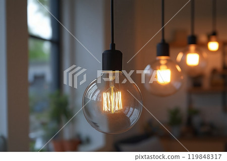 Hanging glass bulbs with exposed filaments, glowing warmly in a softly lit, cozy room 119848317