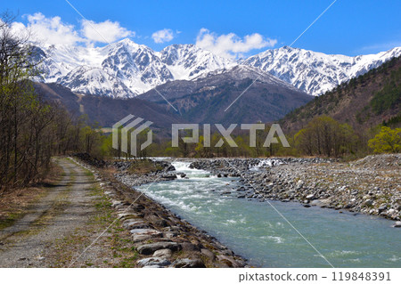 Spring, remaining snow, Hakuba Sanzan, Matsukawa Spring, remaining snow, Hakuba Sanzan, Matsukawa 119848391