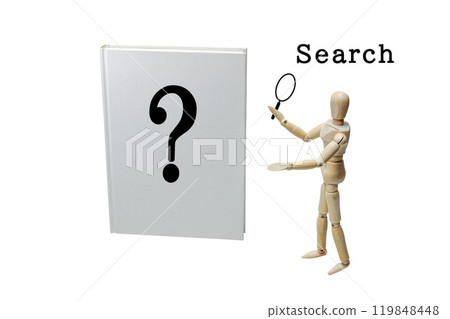 A book with a question mark and a wooden doll 119848448