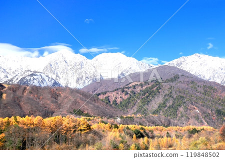 Autumn leaves at Matsukawa and the Hakuba Sanzan mountains 119848502