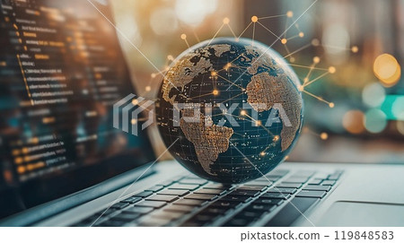 Laptop with glowing globe and coding screen on wooden table 119848583
