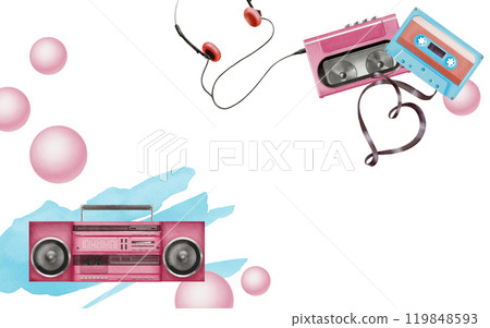 Template for card in 80s,90s style.Tape recorder,portable player with headphones and audio cassette with a tape in the form of a heart,bright watercolor spot and bubble gum bumps on the background Template for card in 80s,90s style.Tape recorder,portable player with headphones and audio cassette with a tape in the form of a heart,bright watercolor spot and bubble gum bumps on the background 119848593