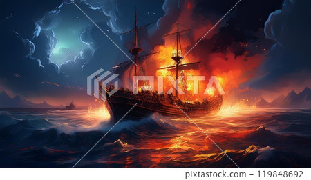 Burning ship, night sea Burning ship, night sea 119848692