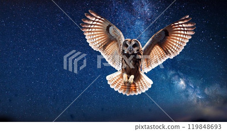 Owl flying in the night sky Owl flying in the night sky 119848693