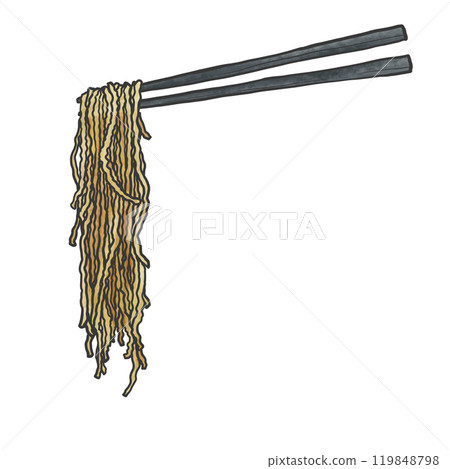 舉起筷子的細捲麵條的手寫畫筆繪畫風格插圖 119848798