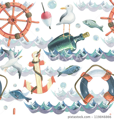 Ship steering wheel, lifebuoy, striped anchor, bottle of rum with seagull, flying seagulls, fish, fishing float, bubbles floating on water. Hand drawn watercolor illustration. Seamless pattern. 119848866