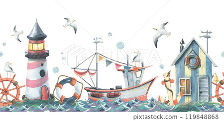Sea lighthouse with fishing boat and cabin, ship steering wheel, lifebuoy, anchor with flying seagulls and bubbles on water and shore. Hand drawn watercolor illustration. Seamless border pattern. 119848868