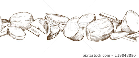 Potatoes, peeled, whole, half, cut into slices and sticks seamless border. Graphic illustration hand drawn in brown ink. EPS vector on the theme of harvest cooking, food, packaging, vegetable shop 119848880