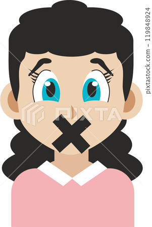 Illustration portrait of a young woman with Japanese anime style graphics and colors in flat design with his mouth sealed by an 119848924