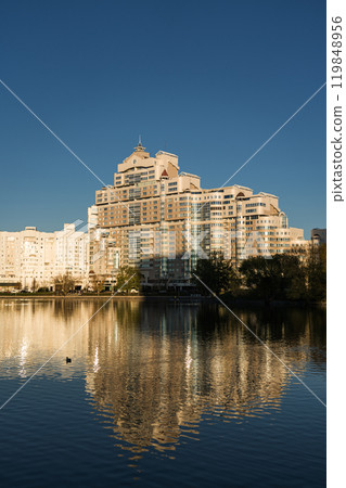 The Svisloch River in Minsk. Nemiga. A sunny, warm, autumn evening. Calm 119848956