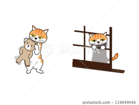 玩毛絨動物打破障子屏的貓（棕色虎斑貓） 119849098