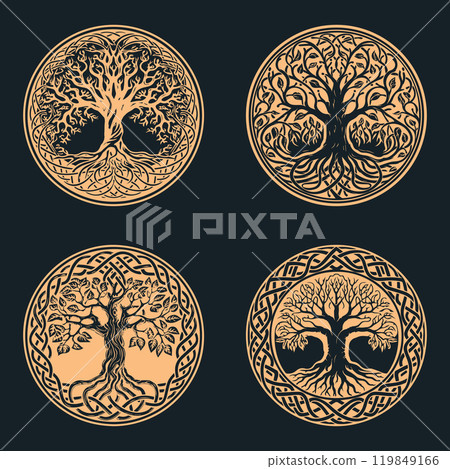 set of Celtic tree of life decorative Vector ornament, Tattoo sketch collection. Grunge vector illustration of the Scandinavian myths with Celtic culture. 119849166