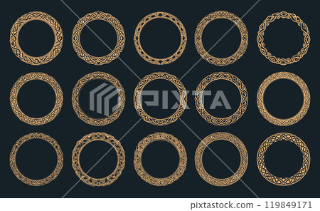 Irish Celtic vector round frame set, collection braided mandala pattern greeting card and invitation background, St Patrick s Day ornament. Irish Celtic vector round frame set, collection braided mandala pattern greeting card and invitation background, St Patrick s Day ornament. 119849171
