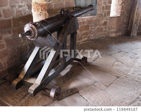 View of old cannon in Koenigsbourg castle in Orschwiller town in France 119849187