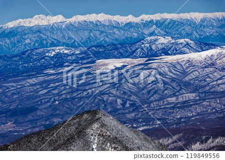 嚴冬時從橫嶽山看到的八嶽山脈、橫嶽山、穗高山脈 119849556
