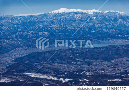 嚴冬時節，從八嶽山脈橫岳主峰眺望諏訪湖和乘鞍山 119849557