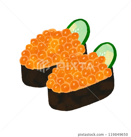 手繪鮭魚子壽司兩幅插圖與紋理 119849650