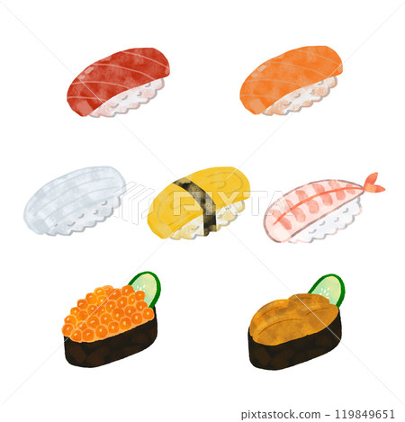 手繪各種帶有紋理的壽司插圖 119849651