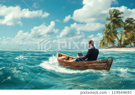 Businessman on a boat working on a laptop amid endless ocean waves. Solitary figure against a tropical island backdrop. Symbol of remote freedom Businessman on a boat working on a laptop amid endless ocean waves. Solitary figure against a tropical island backdrop. Symbol of remote freedom 119849695