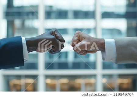 Two fists from individuals of different ethnicities meet in a gesture that blends unity and tension, symbolizing both teamwork and potential conflict in a business setting 119849704