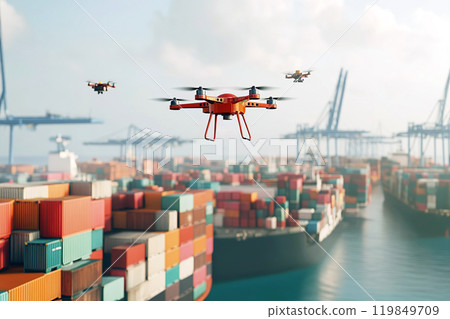 Drone flying over cargo containers in a busy port. High-tech solution for monitoring and managing logistics in modern shipping hubs 119849709