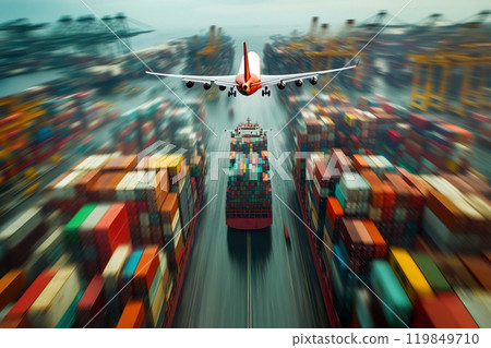 A cargo aircraft flies over a container ship in a bustling port, symbolizing the synchronization of air and sea logistics for efficient global supply chain management 119849710