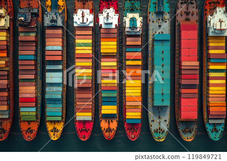 Colorful cargo ships loaded with multicolor containers docked in port. Aerial view highlights vivid industrial patterns and symmetry Colorful cargo ships loaded with multicolor containers docked in port. Aerial view highlights vivid industrial patterns and symmetry 119849721