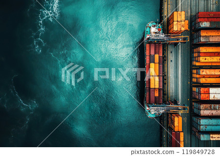 Aerial view of a cargo ship docked at a bustling port, unloading colorful containers. Contrasting industrial activity against the deep blue sea. Copy space 119849728