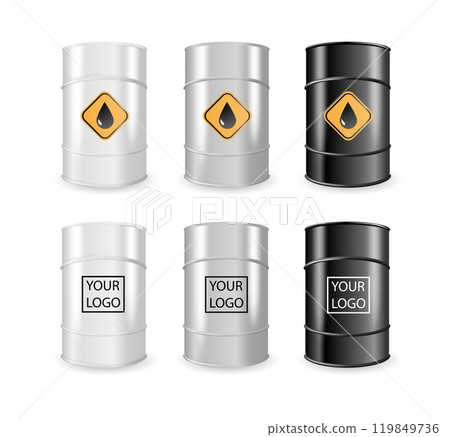 Realistic White, Steel and Black Metal Oil, Fuel, Gasoline Barrel Set Isolated. Design Template of Packaging for Mockup. Vector 119849736