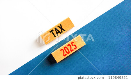 Planning tax 2025 new year symbol. Concept words Tax 2025 on beautiful wooden blocks. Beautiful white and blue background. Business tax 2025 new year concept. Copy space. Planning tax 2025 new year symbol. Concept words Tax 2025 on beautiful wooden blocks. Beautiful white and blue background. Business tax 2025 new year concept. Copy space. 119849831